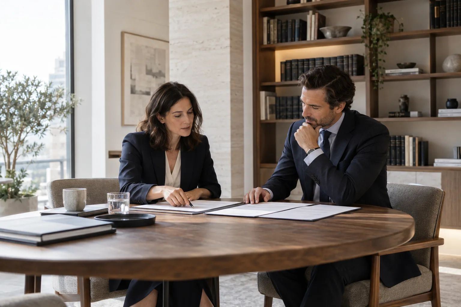 Dos profesionales revisan contratos y documentos sobre una mesa
