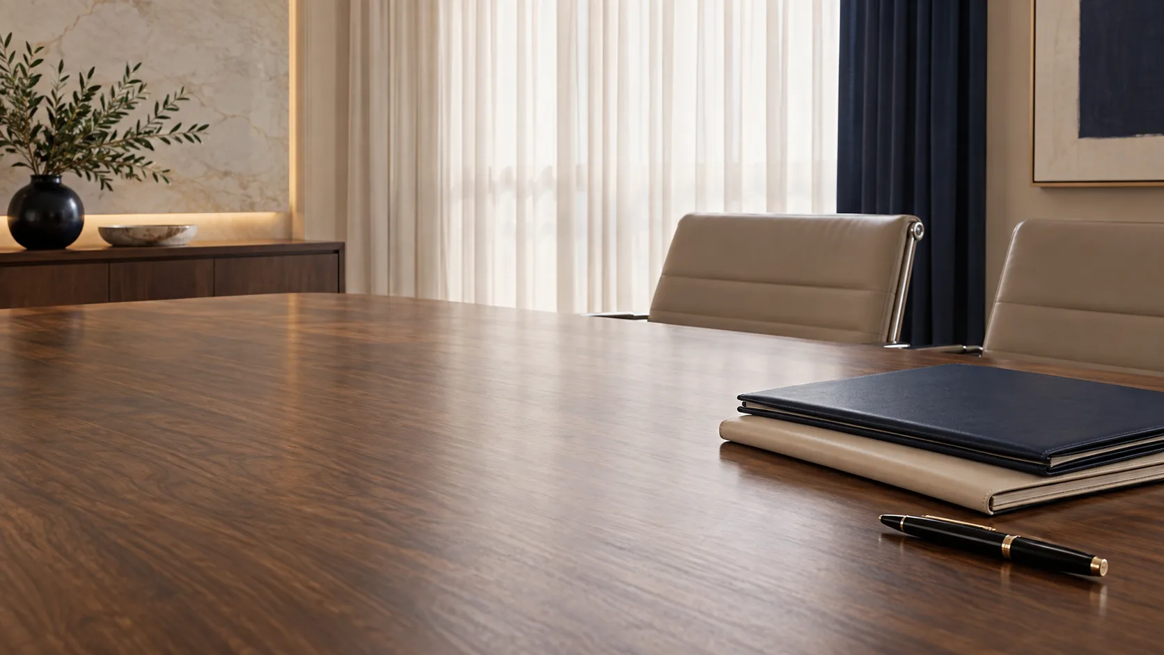 Mesa de reuniones corporativa con carpetas y luz natural