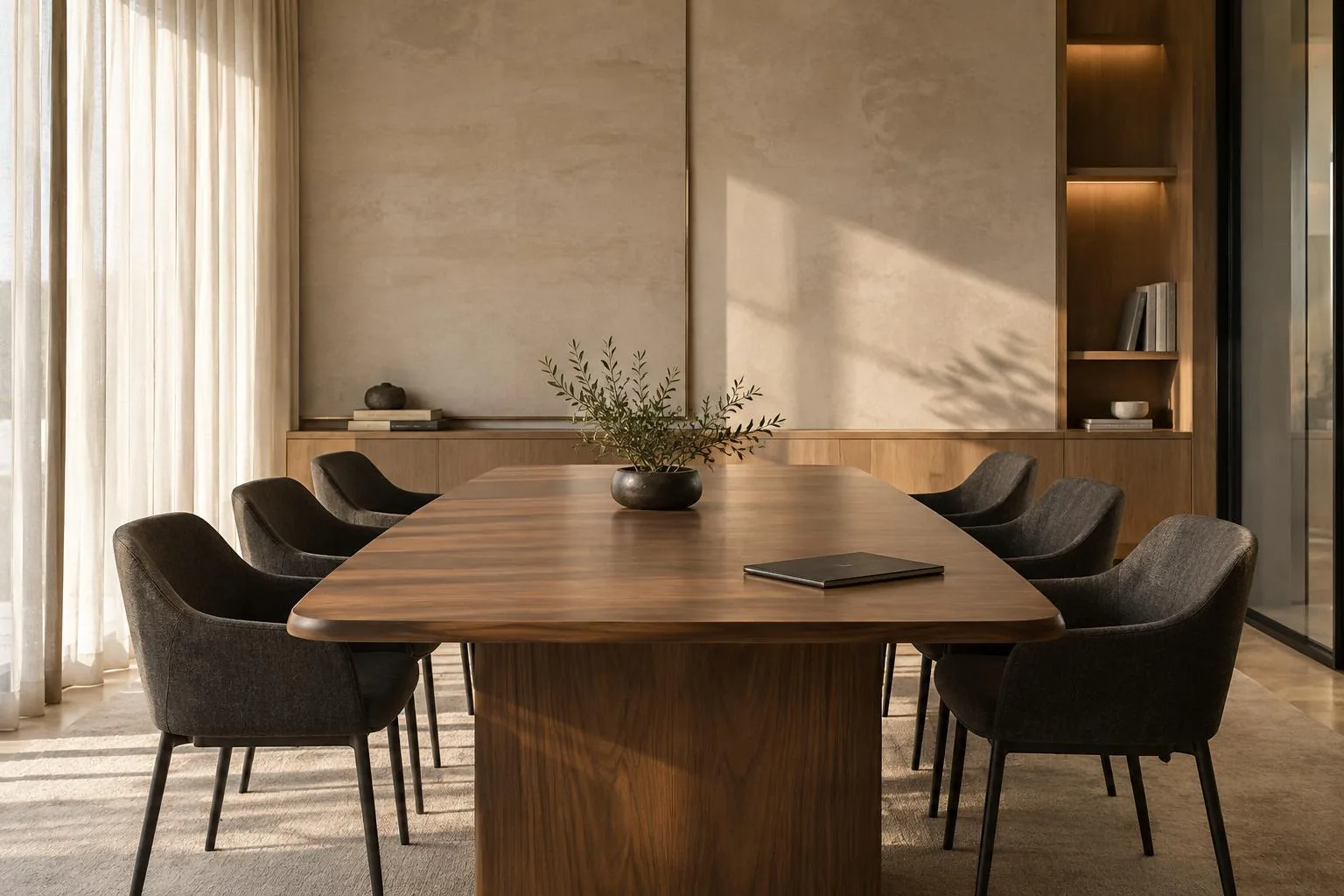 Sala de reuniones con mesa de nogal y luz natural, imagen conceptual